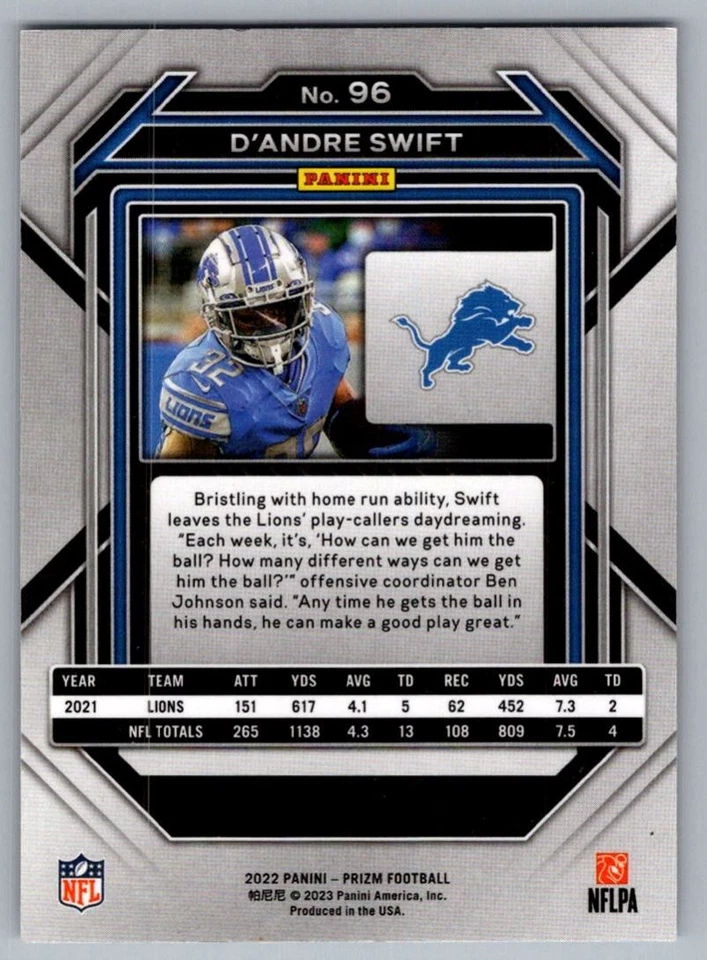 2022 Panini Prizm D'Andre Swift Detroit Lions #96 - Image 2 of 2