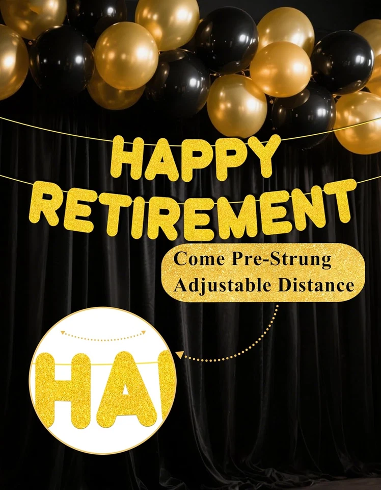 Gold Retirement Party Decorations, Pre Strung Happy Retirement Banner & Cake Top - Image 2 of 4