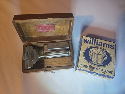 Vtg Gem Safety Razor & Wooden Box & Williams Mug Shaving Soap Early Mid 20th C