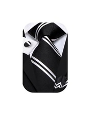 Mens 70 inches Tie Set Extra Long Necktie With Cufflinks Black White