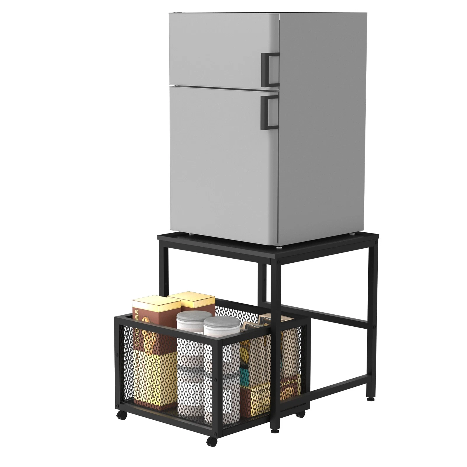 19.7 Inch Square Side Table Mini Fridge Stand with Storage Mobile Basket Cart
