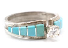 Sweet Sterling Silver Southwest Turquoise Inlaid CZ Ring Sz 6