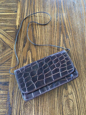 Carlos Falchi Vintage Brown Croc Embossed Leather Convert Clutch Crossbody Bag