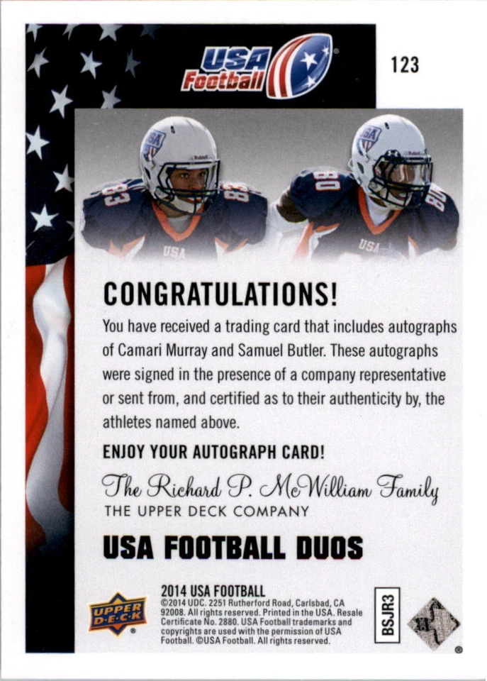 2014 Upper Deck USA Football Autographs #123 Camari Murray Samuel Butler Auto - Image 2 of 2