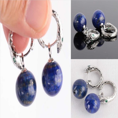 Natural Lapis Lazuli bead earrings 925 Silver snake earrings Dangle Silver - Picture 9 of 12