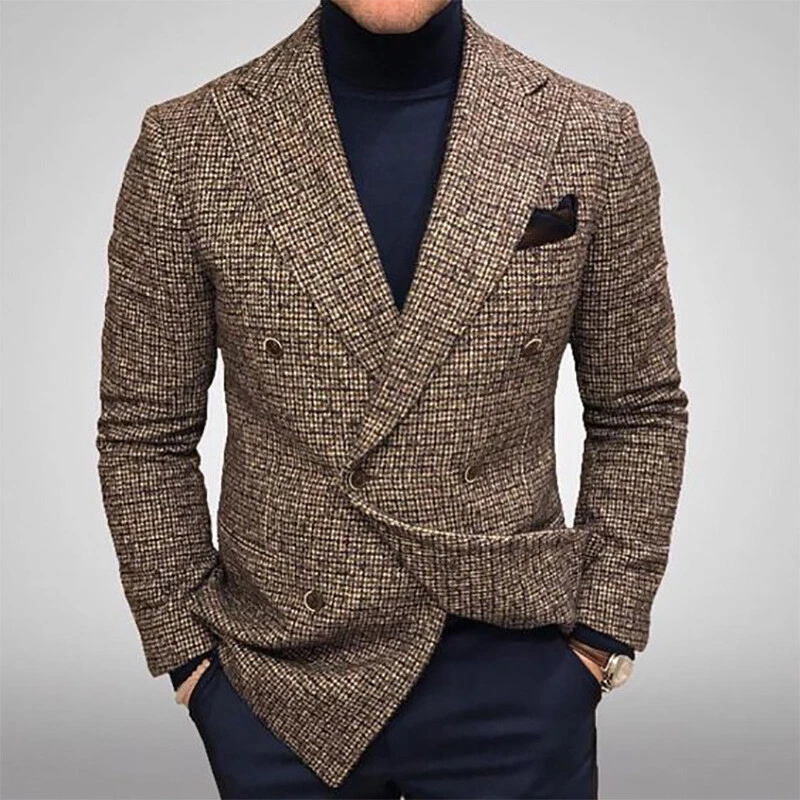 Men's Plaid Business Casual Blazer Double Breasted Jacket Lapel Wearcoat  Elegant