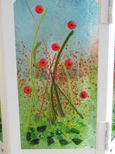 poppies, fused glass large bowl and lantern. Handmade. MTO - Picture 3 of 22