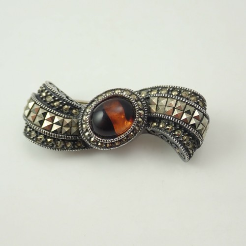 VTG Judith Jack Sterling Marcasite Golden Givre Glass Cabochon Bar Pin 11.8 g - Picture 4 of 8