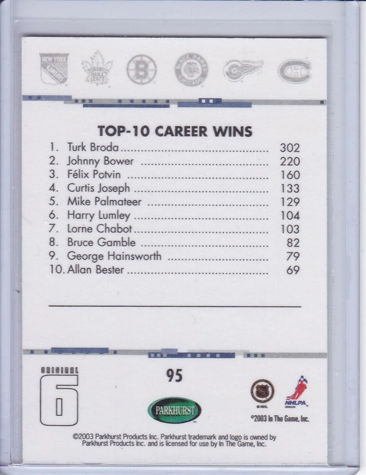 Turk Broda Franchise Leaders 2003 Parkhurst Original Six Toronto Hockey Card 95 - Image 2 of 2