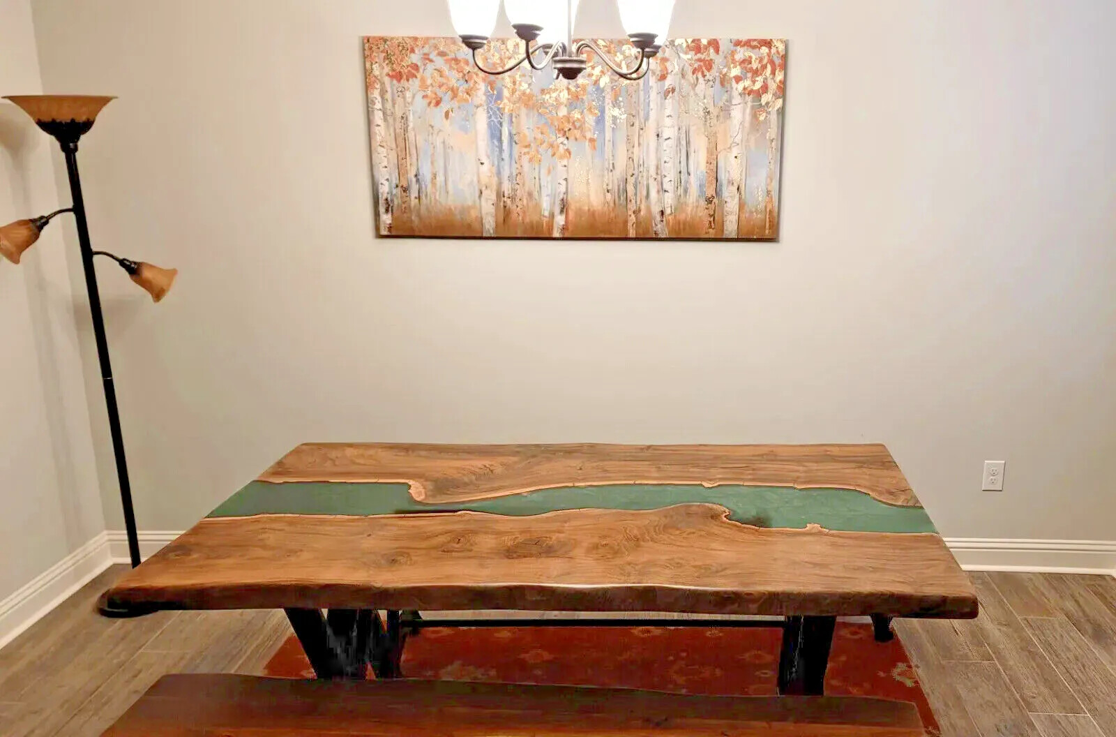 Black Walnut Green Epoxy River Dining Table, Mid Century Modern Art Furniture