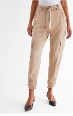 Express Ladies Champagne Satin High Waisted Cargo Joggers NWT Size