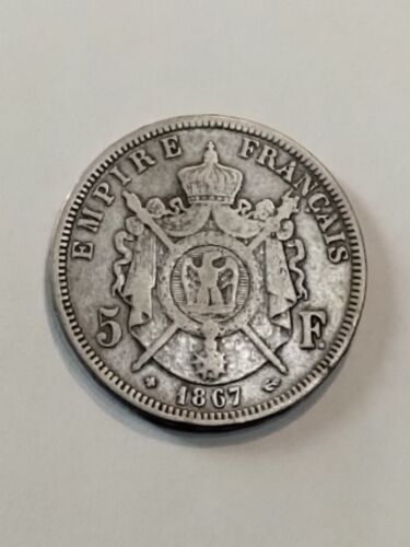 1867 BB 5 FRANCS LARGE ANTIQUE SILVER COIN FRANCE FRENCH NAPOLEON III