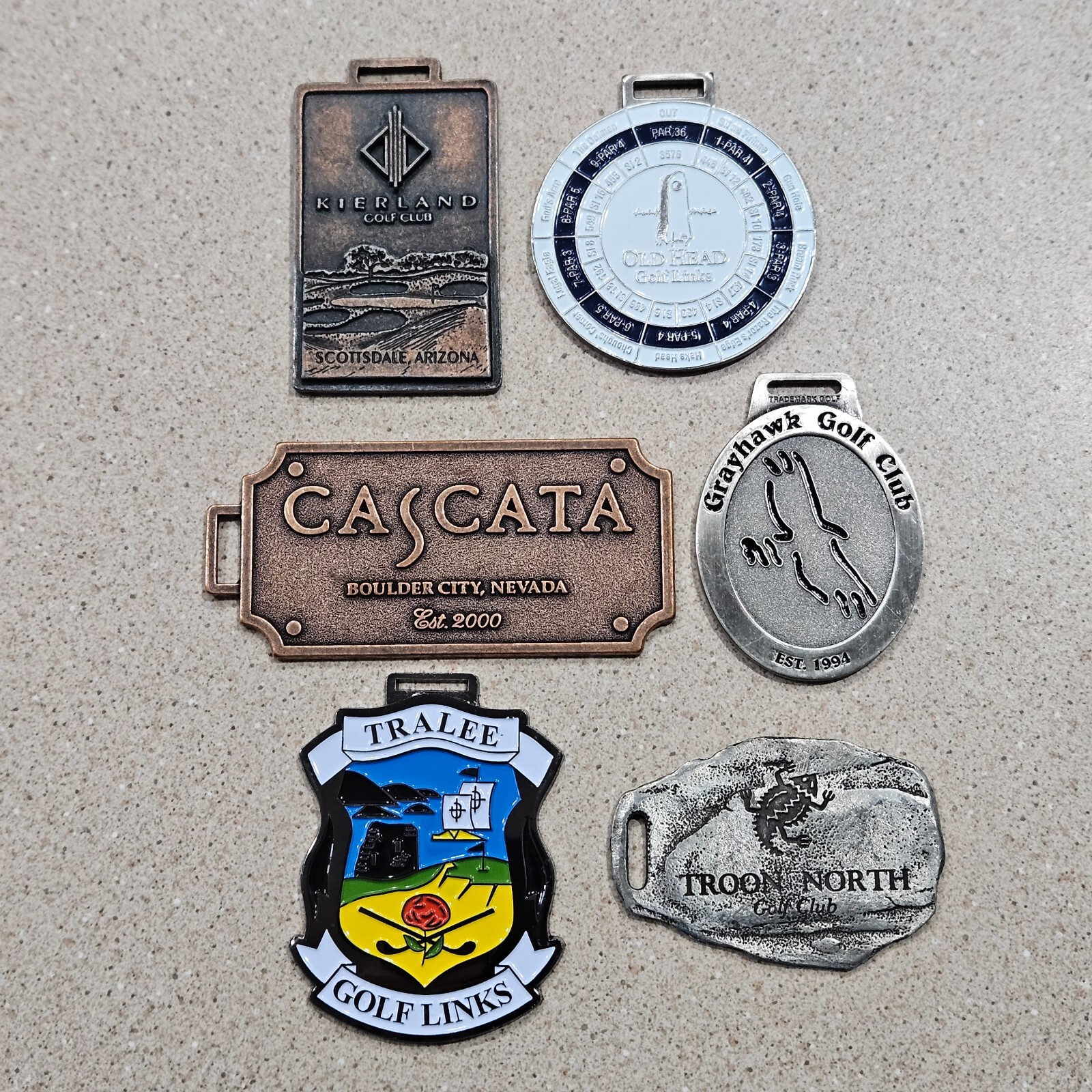 Lot of 6 Metal Golf Bag Tags Kierland Old Head Cascata Grayhawk Tralee