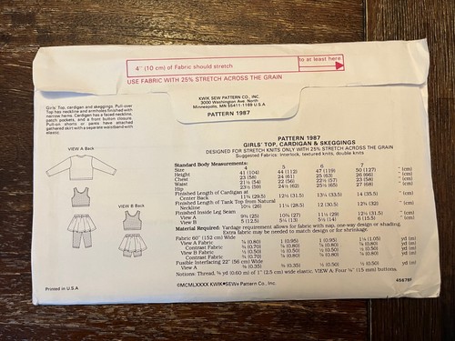 Kwik Sew 1987 Uncut Sewing Pattern, Girls' Top, Cardigan & Skeggings, Size 4-7 - Picture 2 of 2