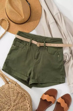 Women's CASUAL CUFF POCKET SHORTS WITH BELT - OLIVE - NEW - Size Small