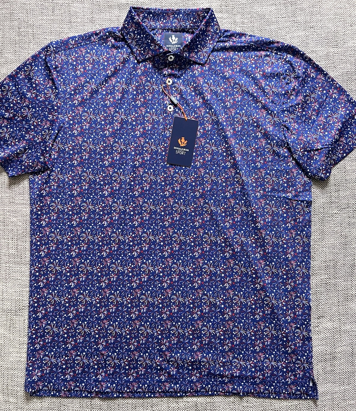 DONALD ROSS SPORT MENS PATRIOTIC FIREWORKS JERSEY PRINT POLO SHIRT NAVY - LARGE