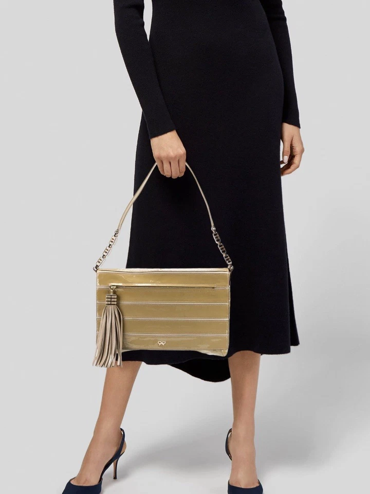 Bolso de hombro Anya Hindmarch charol neutro borla tirar $1250 venta al por menor (06) Foto 2 de 4