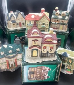 Christmas Village Lot of 6, large light up, porcelain, pub, hotel, bakery, hall