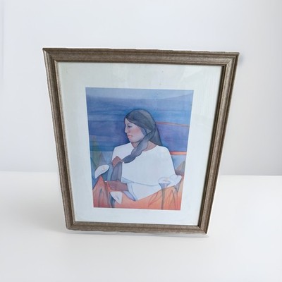 Southwestern Contemporary Woman Portrait Watercolor Framed Calla Lilly Art Braid