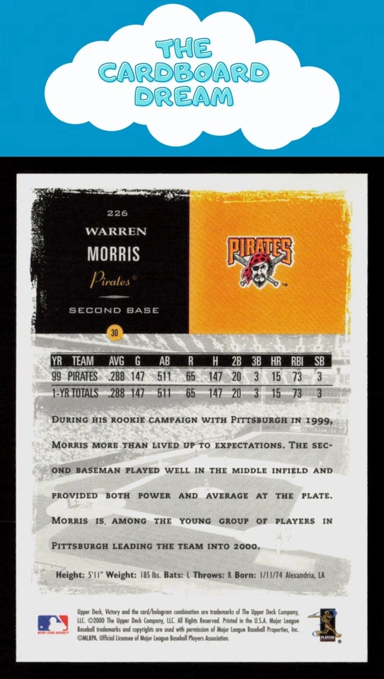 Warren Morris 2000 Upper Deck Victory #226 Pittsburgh Pirates Baseball Card - Image 2 of 2