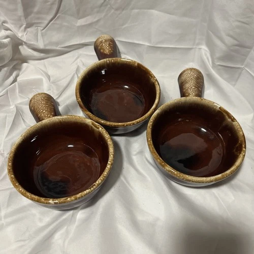 McCoy 7050 Brown Drip Handled Soup Bowls Set of 3 Vintage USA Pottery