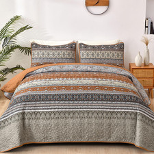 Boho Queen Quilt Bedding Set, 3 Pieces Bedspread, Brown Grey