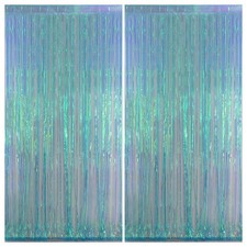 3.2x6.5 Ft Iridescent Blue Tinsel Foil Fringe Curtains Backdrop Streamers 2 PCS