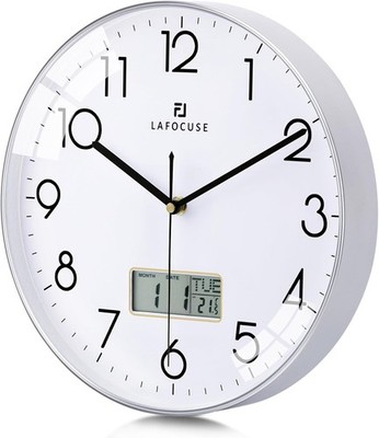 Moderne Wanduhr mit Kalender und Thermometer, Digitales LCD, Silber