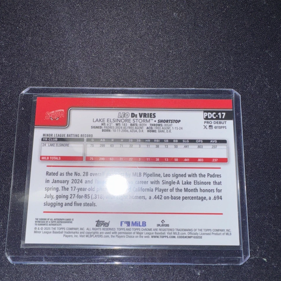 2025 Topps Pro Debut Leo De Vries Gold Refractor Auto Autograph #46/50 - Storm - Image 3 of 4