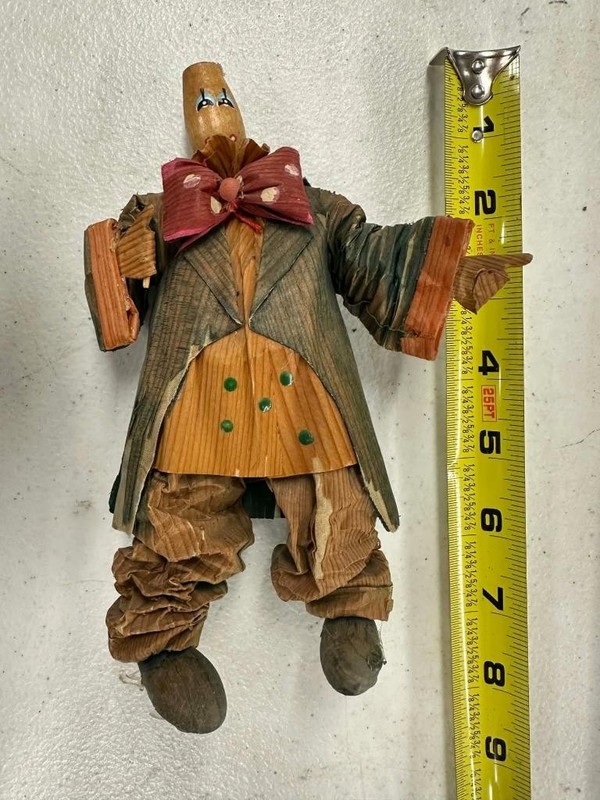 Vintage Clown paper mache/Husk Doll w wood head, folk art, missing hat free ship