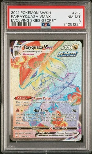 Rayquaza VMAX Rainbow Secret Rare Holo Card PSA 8 Evolving Skies 217/203