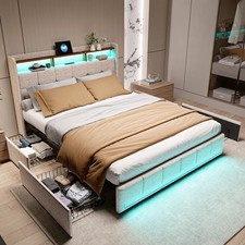 Letto matrimoniale con 4 cassetti, letto imbottito 160x200 cm con box LED USB
