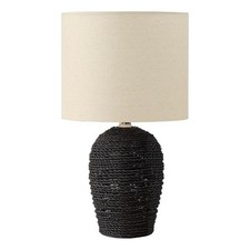 Pemberly Row 17" Black Rattan Table Lamp with Beige Linen-Blend Shade