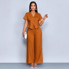 Women  s 2 Piece Set V Neck Top  Wide Leg Pants Casual Summer Outfit