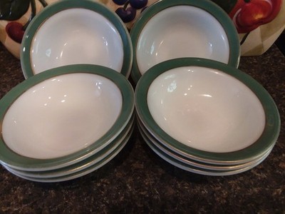 Vintage  Granny core MCM Pyrex Green Rim 5.5'' Berryl Bowl Set Of 8... Milk Glass