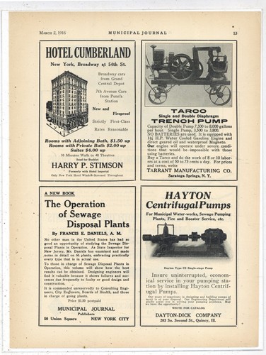 1916 Tarrant Mfg. Co of Saratoga Springs, New York Ad: TARCO Trench Pump Picture