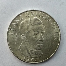 1964 Austrian Mint 25 Schilling silver coin Franz Grillparzer 0.800 vintage