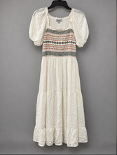 Polagram Womens Dress Size S Small Cream Rayon Embroidered Aztec Boho Maxi Tiere