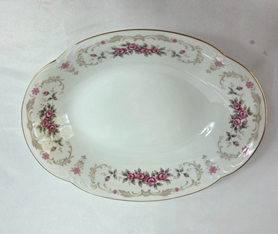 Harmony House Cascade 10 Inch Oval Serving Bowl White Pink Flowers Gray Leaves