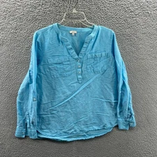 Talbots Linen Blend Popover Top Medium Blue Relaxed Beachy Coastal Summer Resort