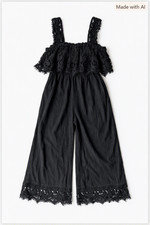 Free People Jumpsuit Women's S Black EUC Lace trim, wide leg