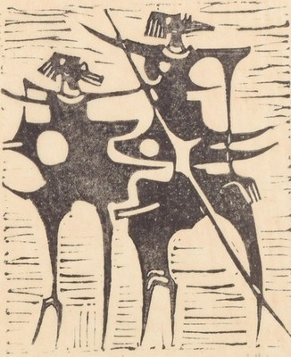 Åke Holm. Woodcut on paper. Composition with two abstract figures.