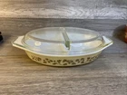 Vtg Pyrex Gold Leaf Acorn Divided Casserole Dish #5 1-1/2 Quart Clear Lid 945-c