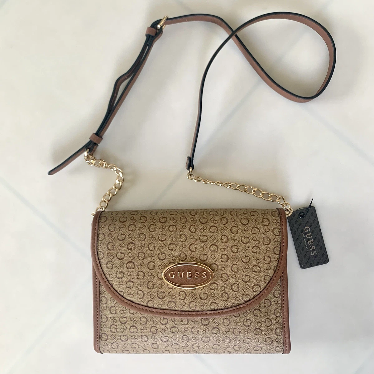Sac Pochette Port paule Bandouli re Cha ne GUESS Beige Marron