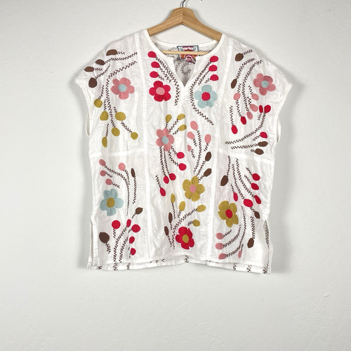 Johnny Was JWLA Joni Easy Paneled V-Neck Floral Embroidered Top White Size Large