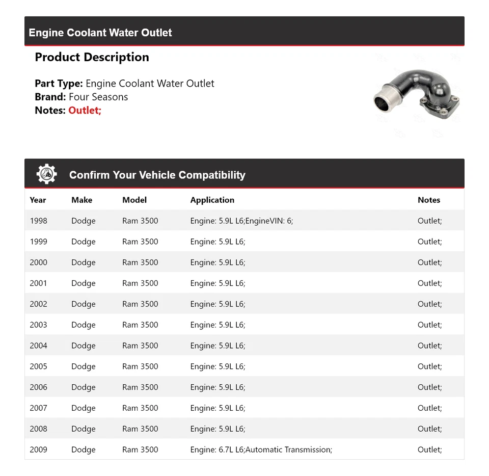 For 1998-2009 Dodge Ram 3500 Engine Coolant Water Outlet 4 Seasons 1999 2000 - Image 2 of 4
