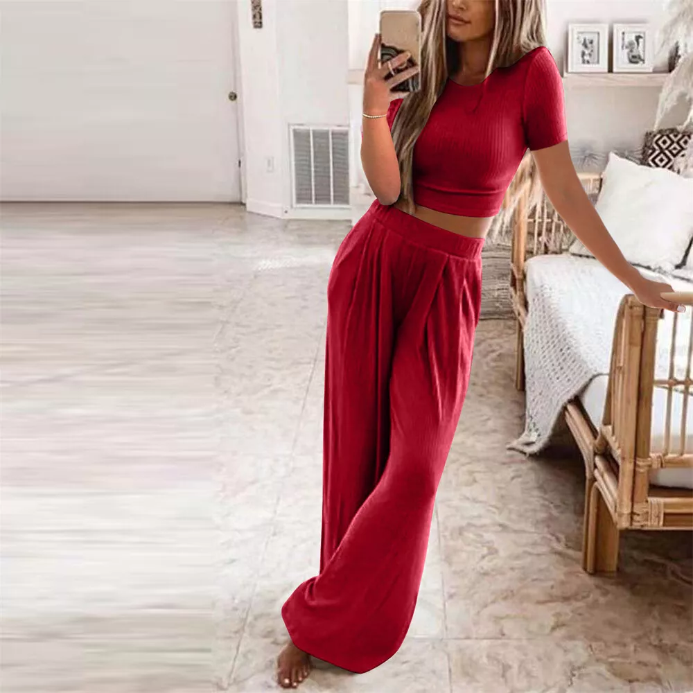 Women 2 Piece Outfits Casual Short Sleeve Top and Pants Set Clothes