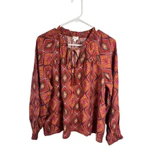 Oddy Geometric Print Long Sleeved Blouse Size Small Tassel Tie Boutique NEW