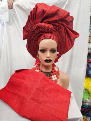 Red Bridal Set  Headtie With Shoulder Shal l Auto gele Headtie