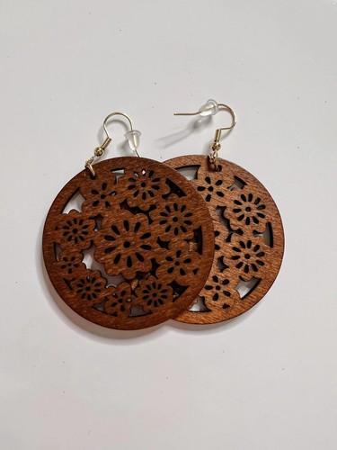 Earrings 925 ECO organic big Wooden Round Hollow Cut Out Boho Retro Dangle Drop - Picture 80 of 89